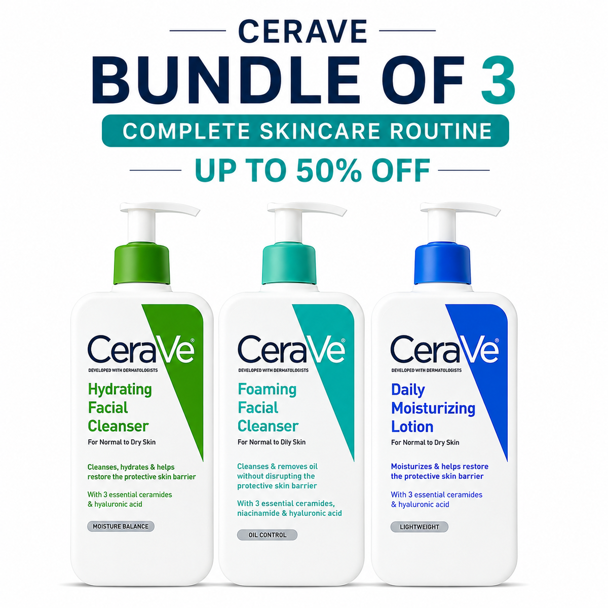CeraVe Complete Skincare Bundle – Hydrating Cleanser + Foaming Cleanser + Daily Moisturizing Lotion