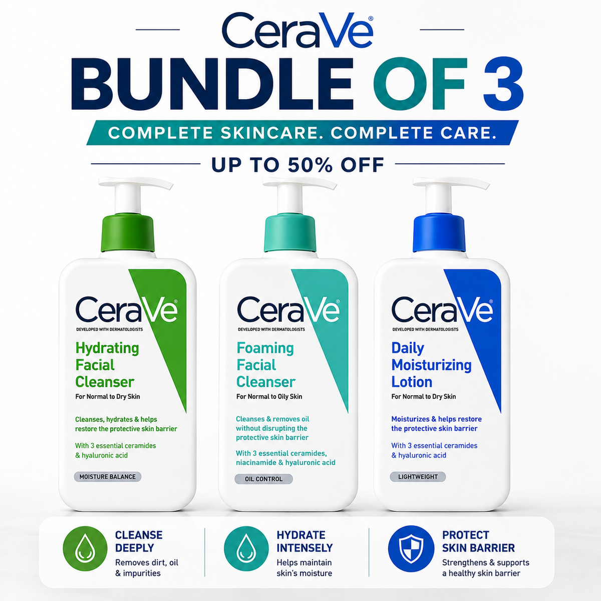CeraVe Complete Skincare Bundle – Hydrating Cleanser + Foaming Cleanser + Daily Moisturizing Lotion