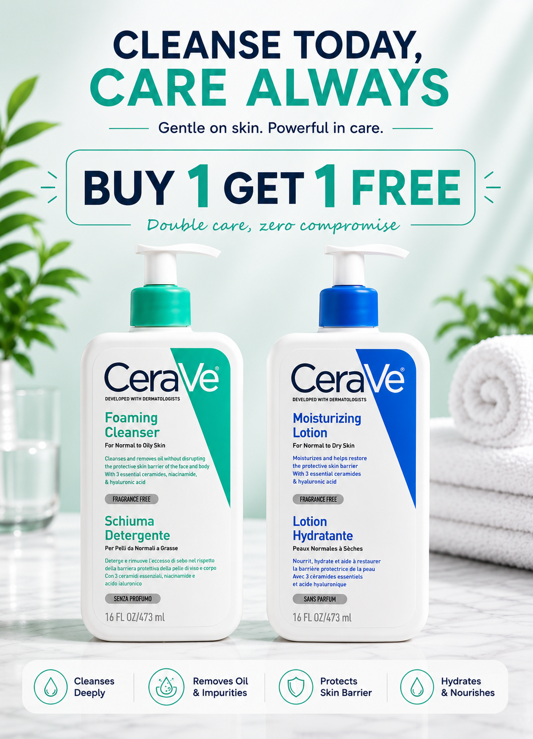 CeraVe Foaming Cleanser & Moisturizing Lotion – Buy 1 Get 1 Free